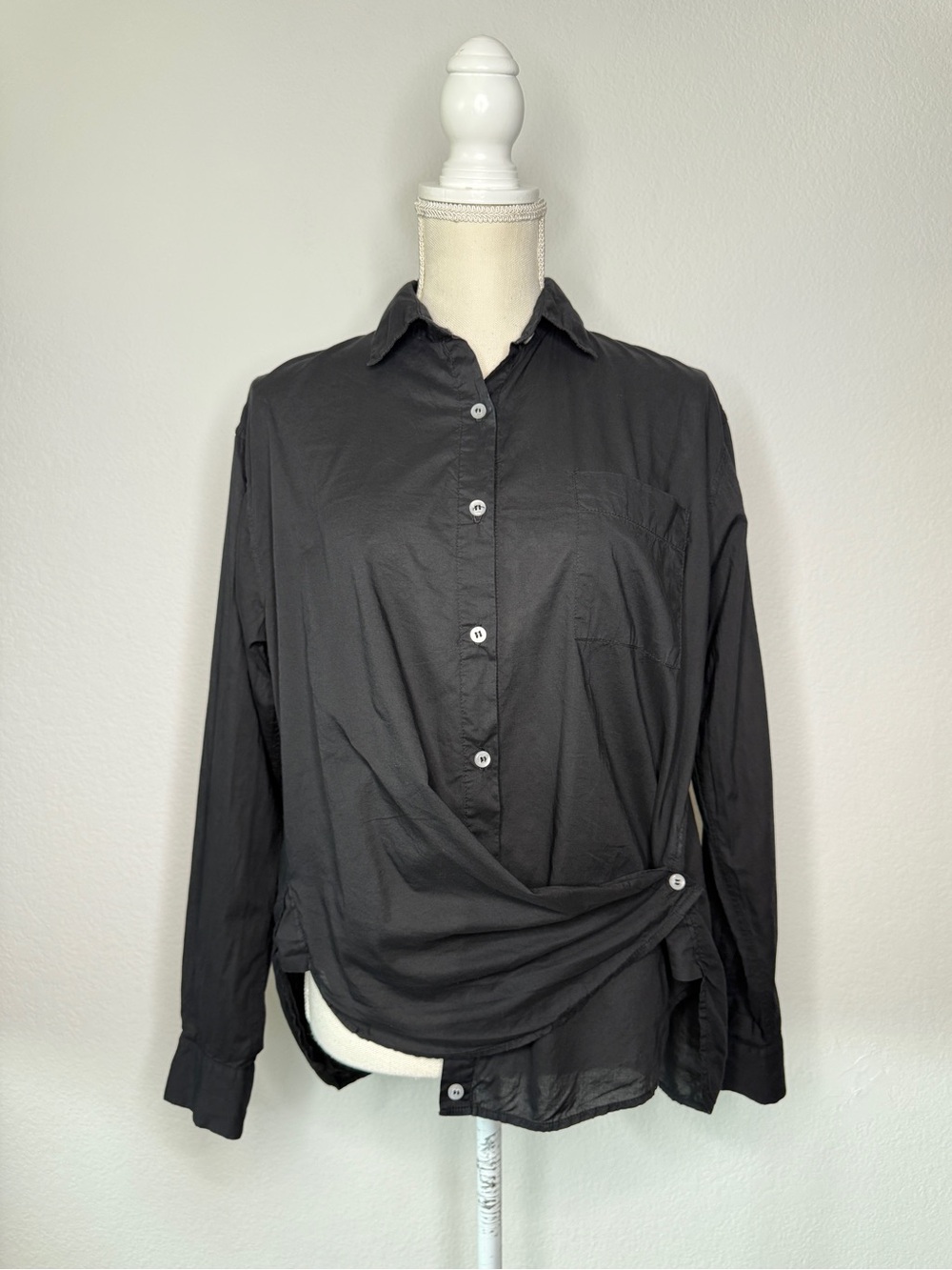 A Shirt Thing Black Cotton Button Down Wrap Detail Long Sleeve Size M
